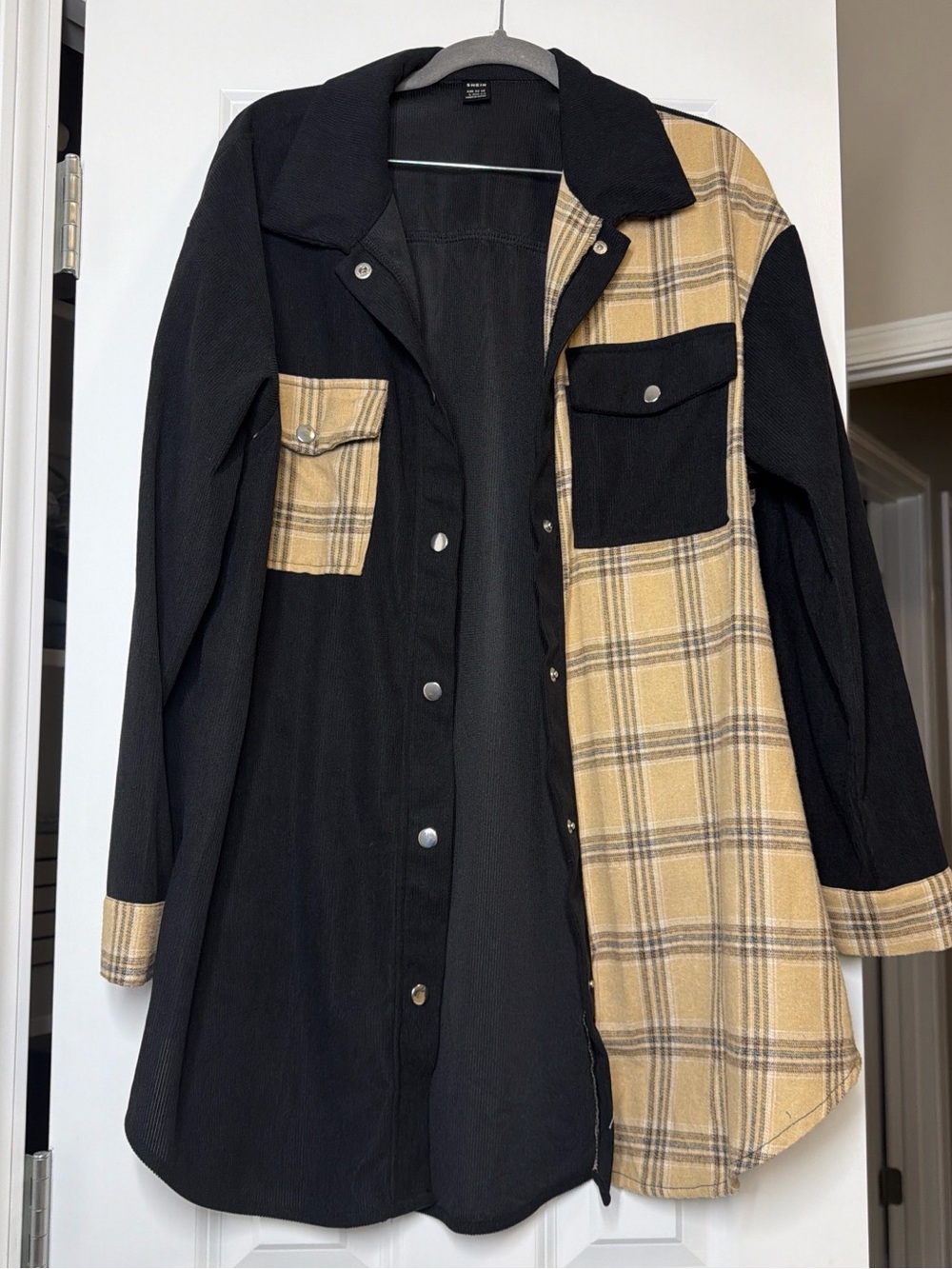 SHEIN Black and Tan Plaid Patchwork Utility Jacket